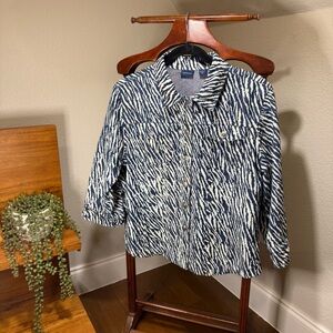 Stretch 100% cotton denim jacket, indigo zebra print